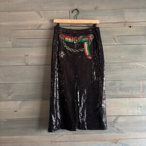 NWT Marco de Vincenzo Sequin Skirt Rainbow Belt Patch Double Slit Sz 40/US 4-6